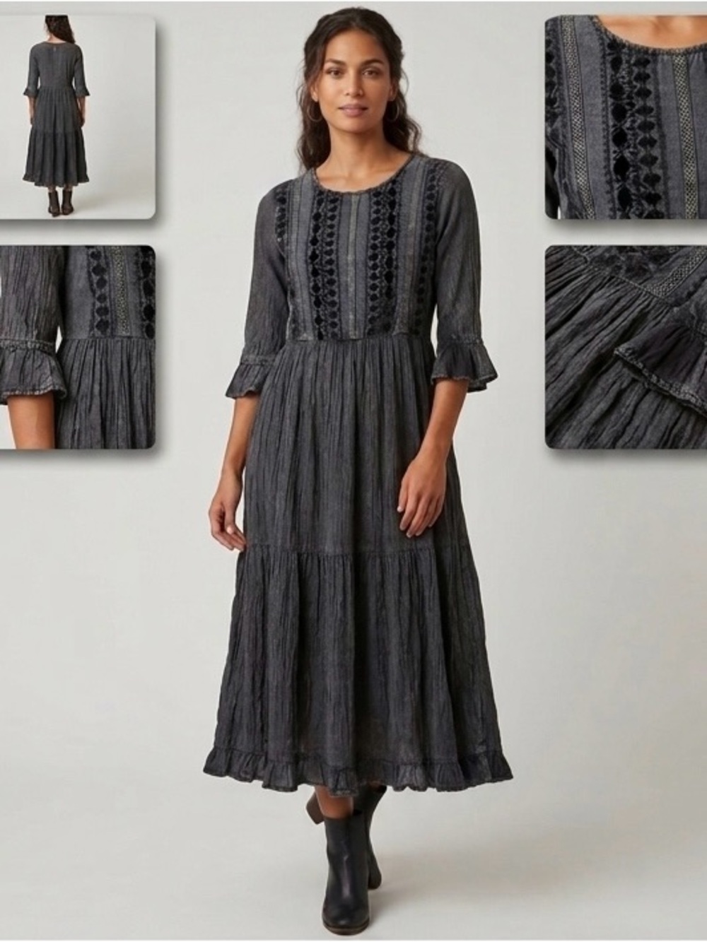 NWT Young Threads | Grey 
Tiered Midi Dress w/ Embroidery